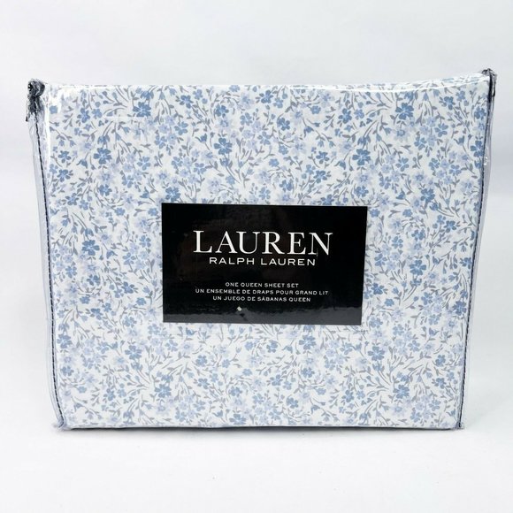 RALPH LAUREN Blue Floral Queen 4pc Sheet Set